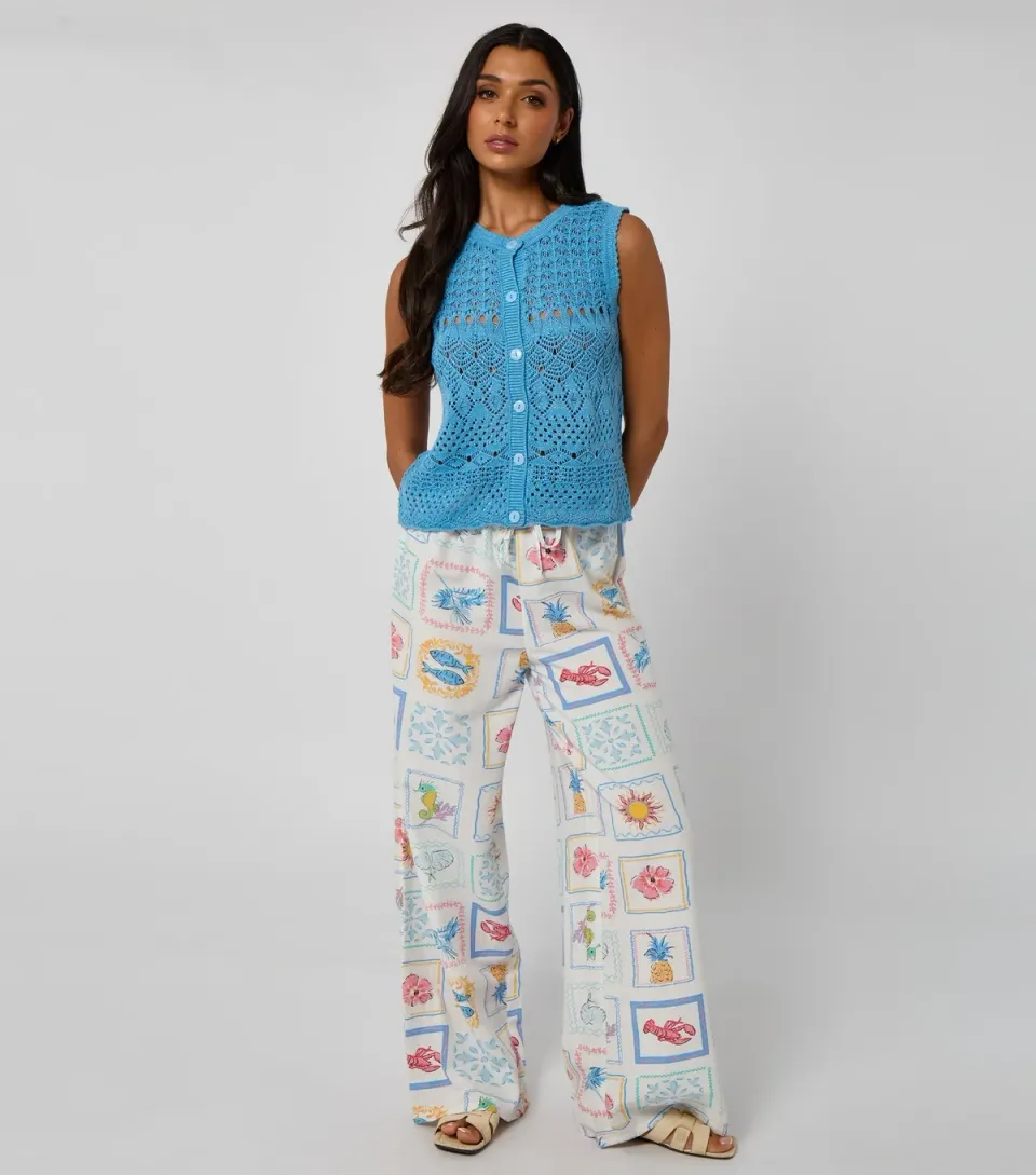 Women's White Postcard Print Wide Leg Trousers