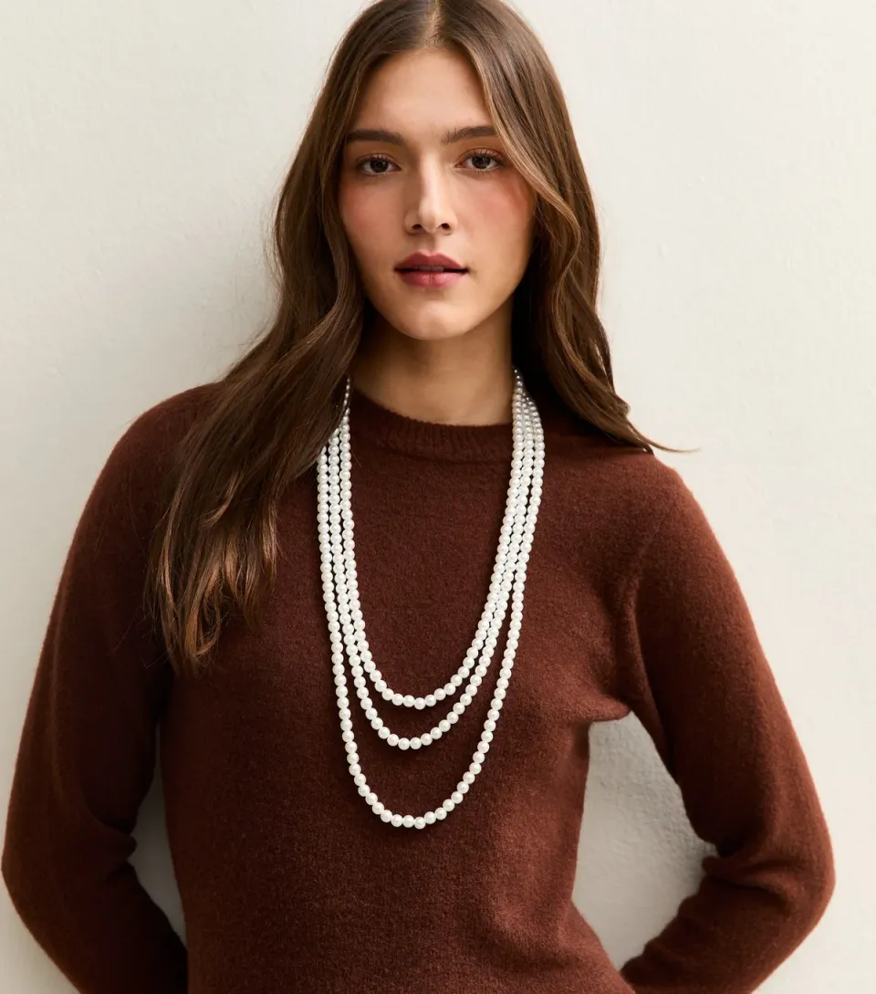 Cream 3 Strand Long Faux Pearl Necklace