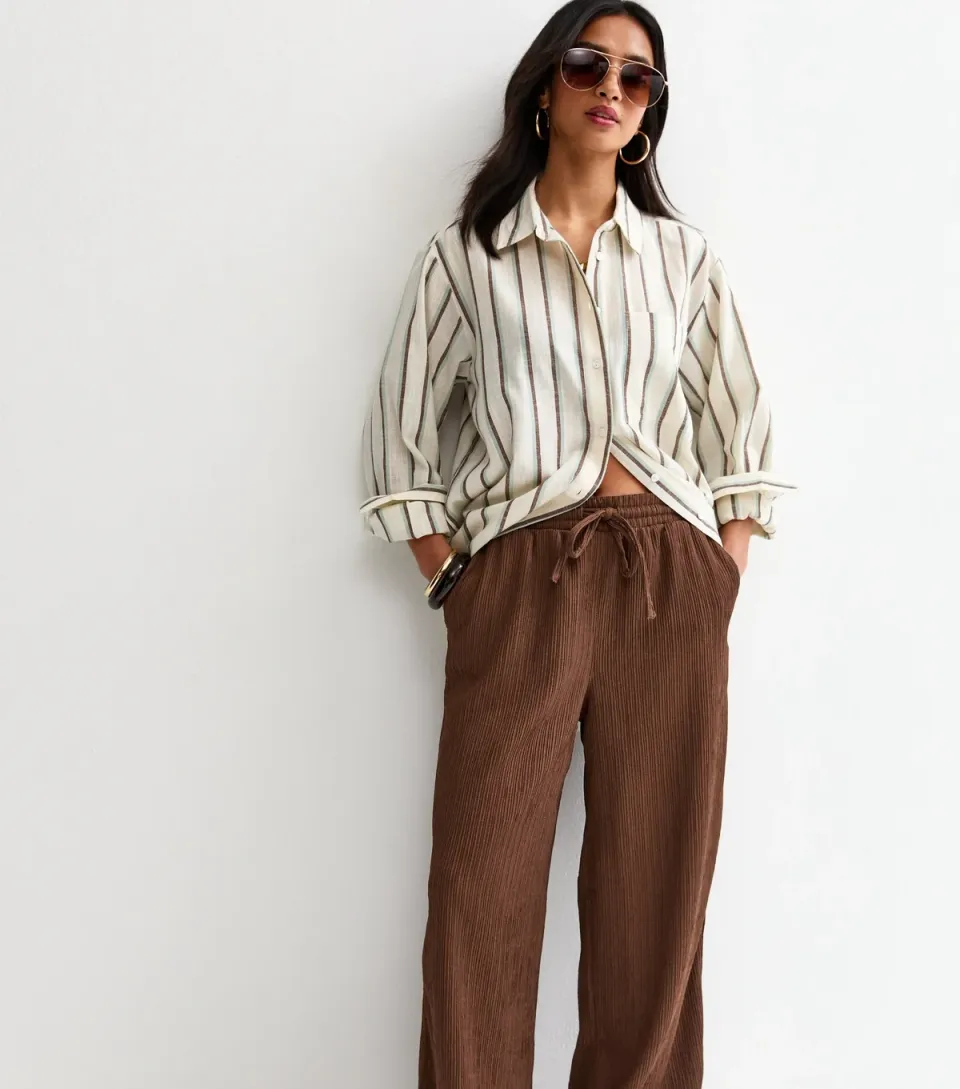 Women's Petite Dark Brown Textured Jersey Wide Leg Trousers