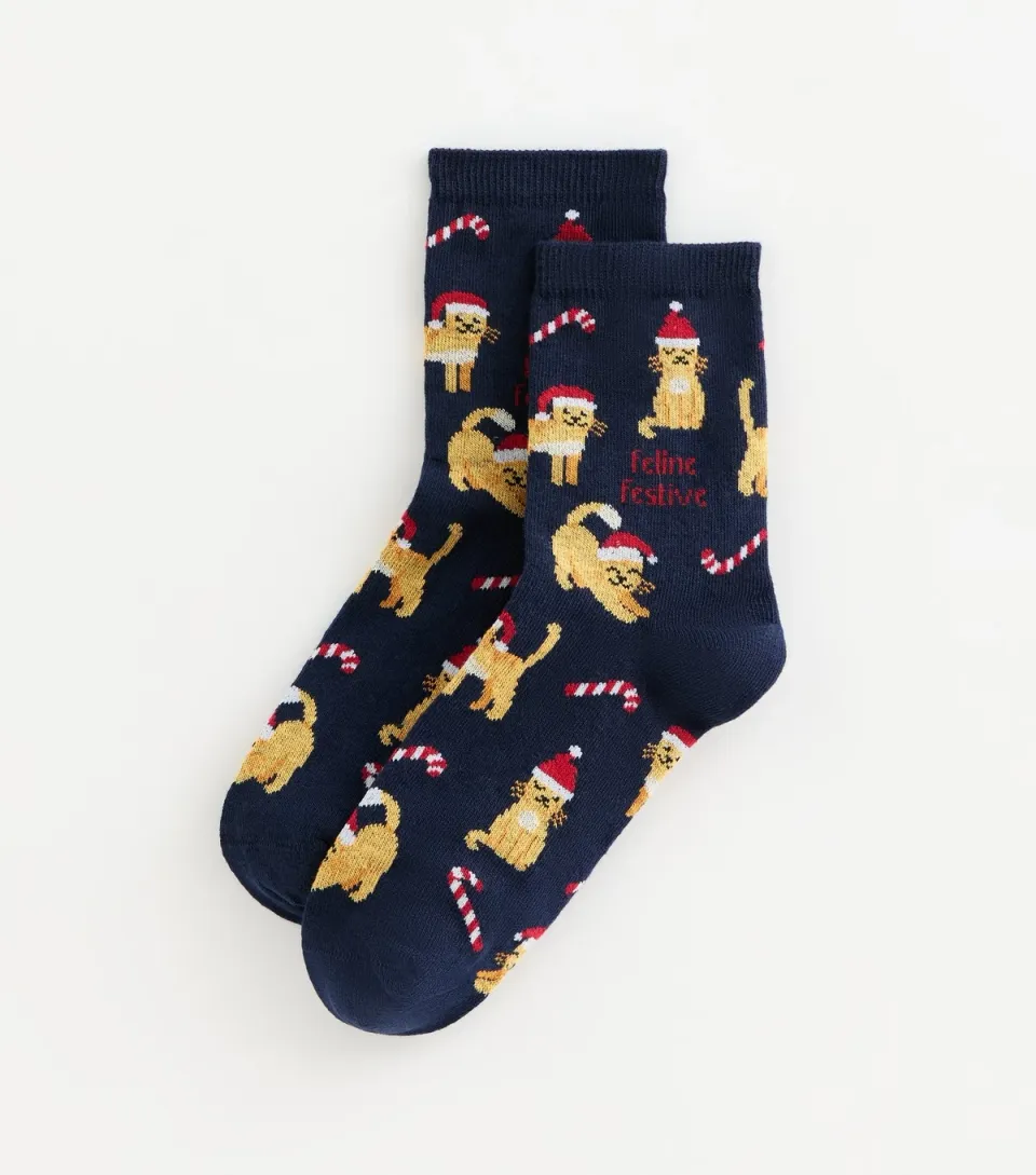 Navy Christmas Feline Festive Cat Illustration Socks