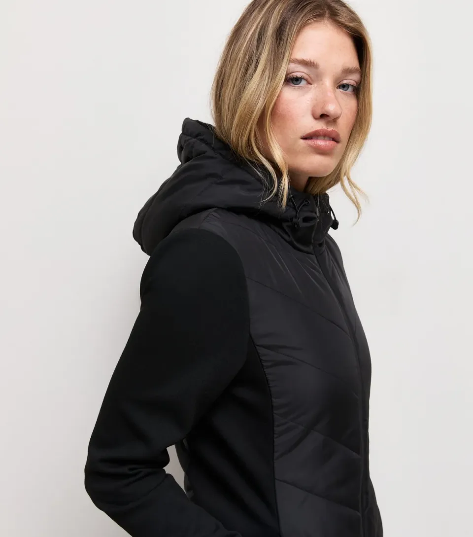 Women's Black Woven Knit Hybrid Hooded Jacket