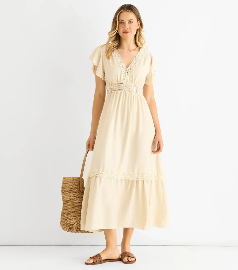 Women's Oatmeal Crochet Lace Panel Midi Dress
