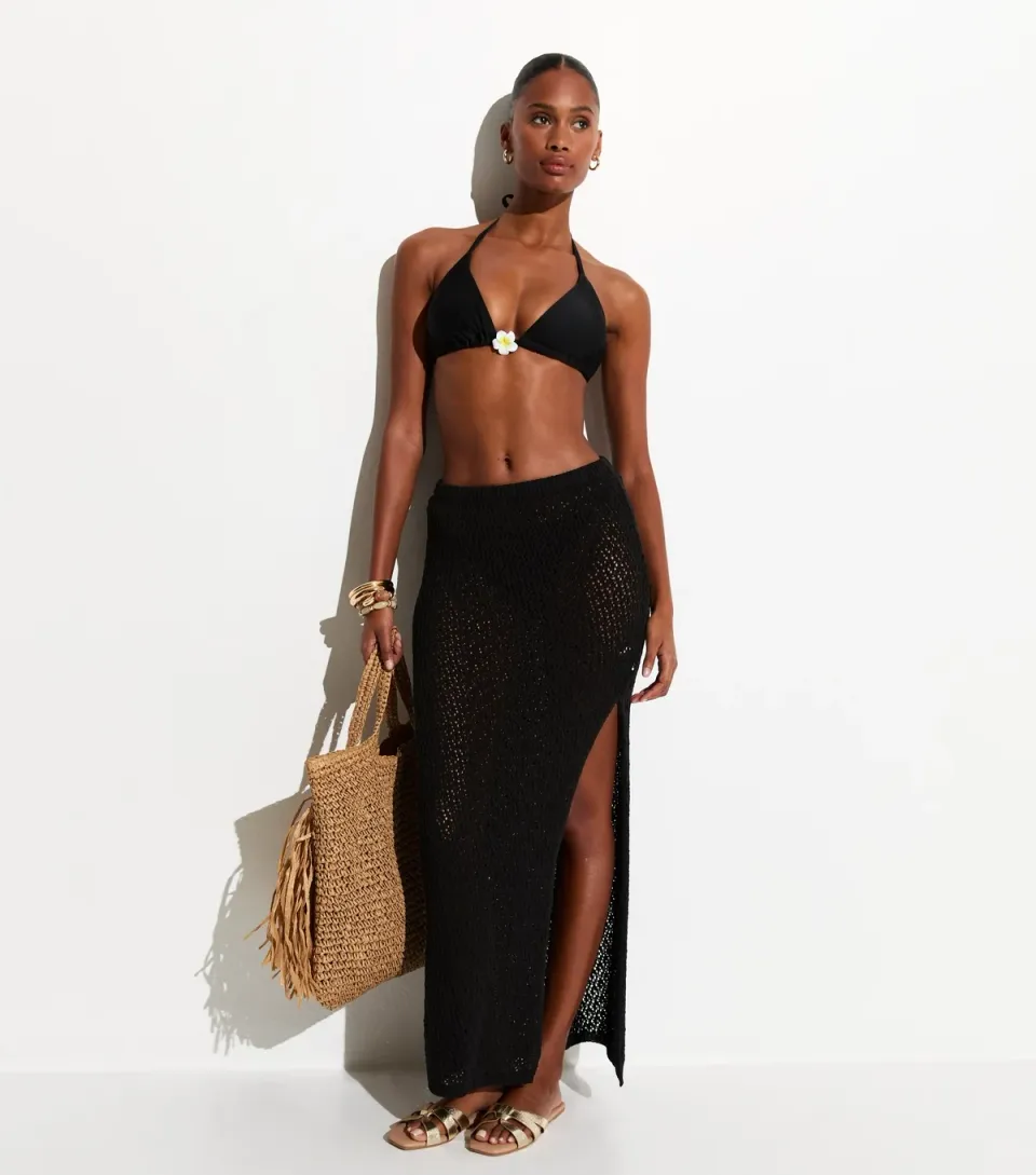 Women's Black Crochet Column Beach Maxi Skirt