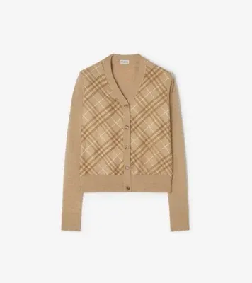Check Panel Wool Silk Cardigan in Camel