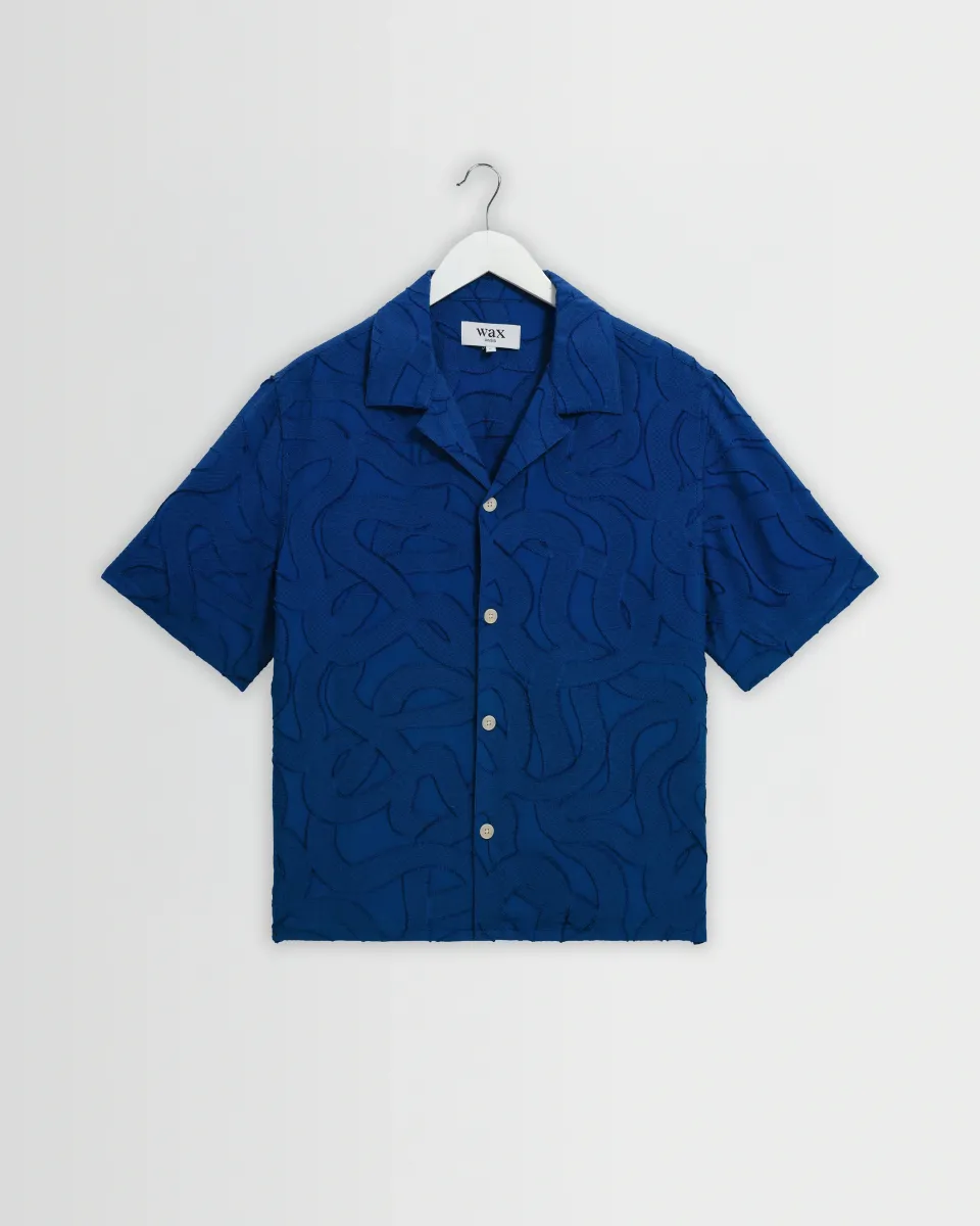 Curzon - Blue Jacquard Viscose Short-Sleeve Shirt