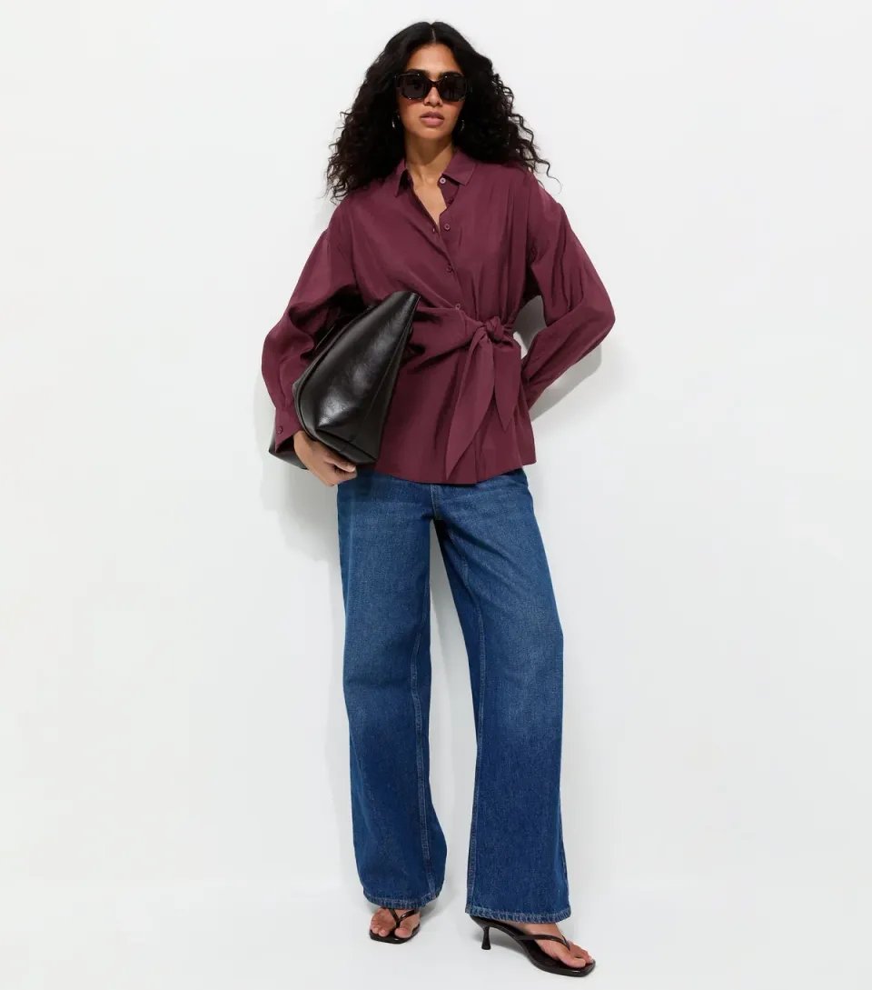 Women's Dark Burgundy Draped Side Tie Shirt