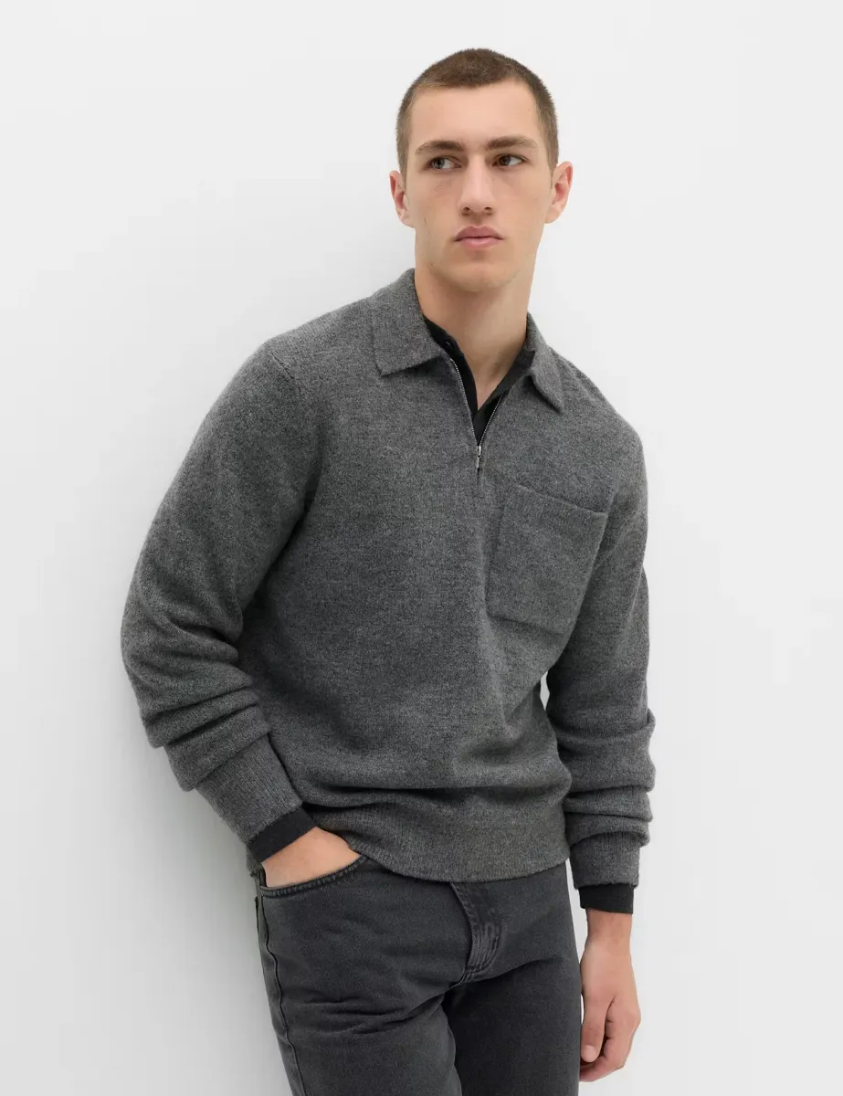 Supersoft Quarter Zip Knitted Polo Shirt Dark Charcoal