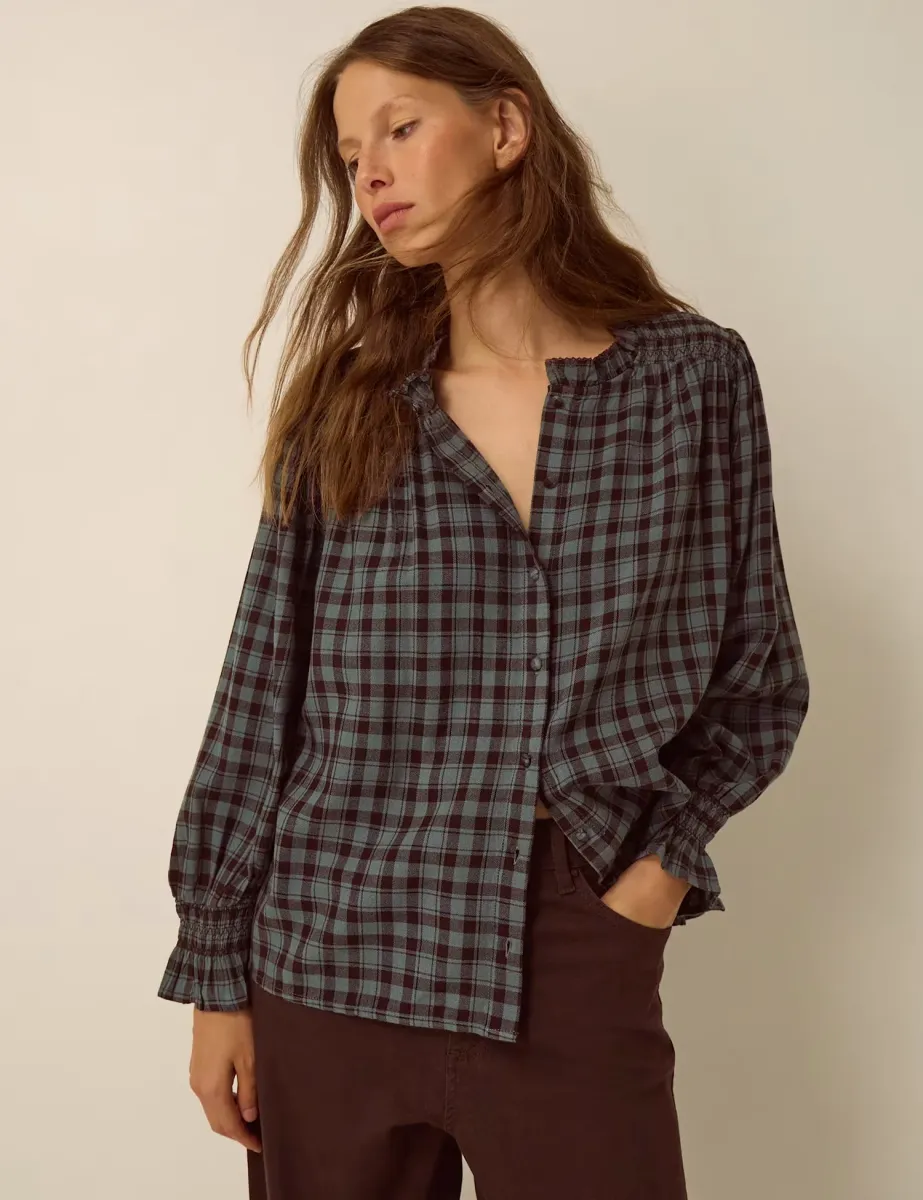 Checked High Neck Blouse Blue Mix