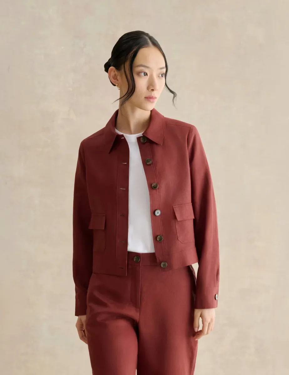 Pure Linen Collared Jacket Brown