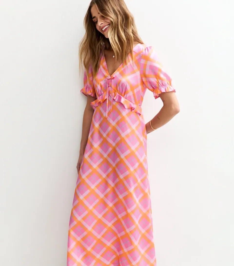 Women's Pink Check Print Ruffle Front Satin Midi Dress