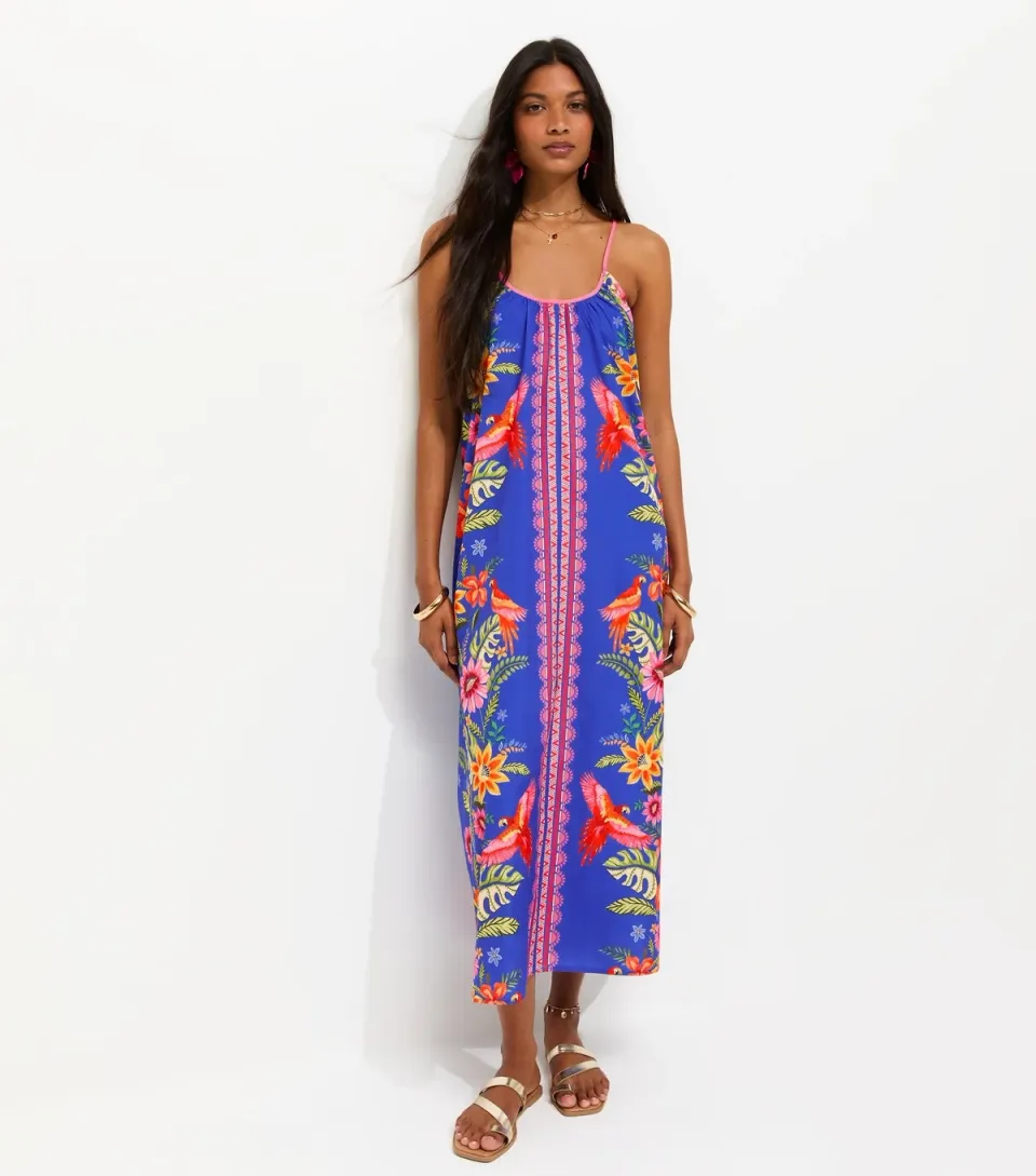 Women's Blue Parrot Print Crepe Cami Midi Dress