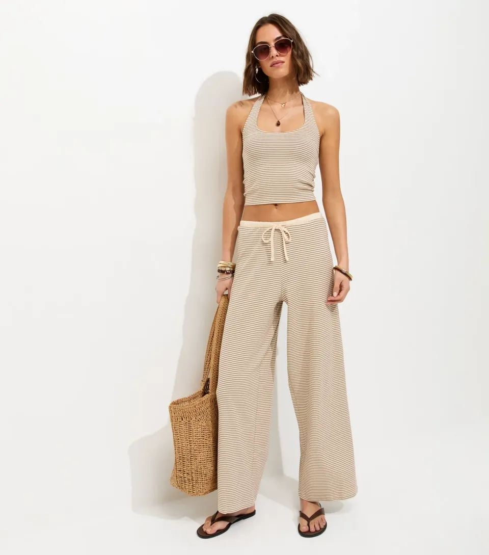 Women's Cream Stripe Drawstring Wide Leg Trousers
