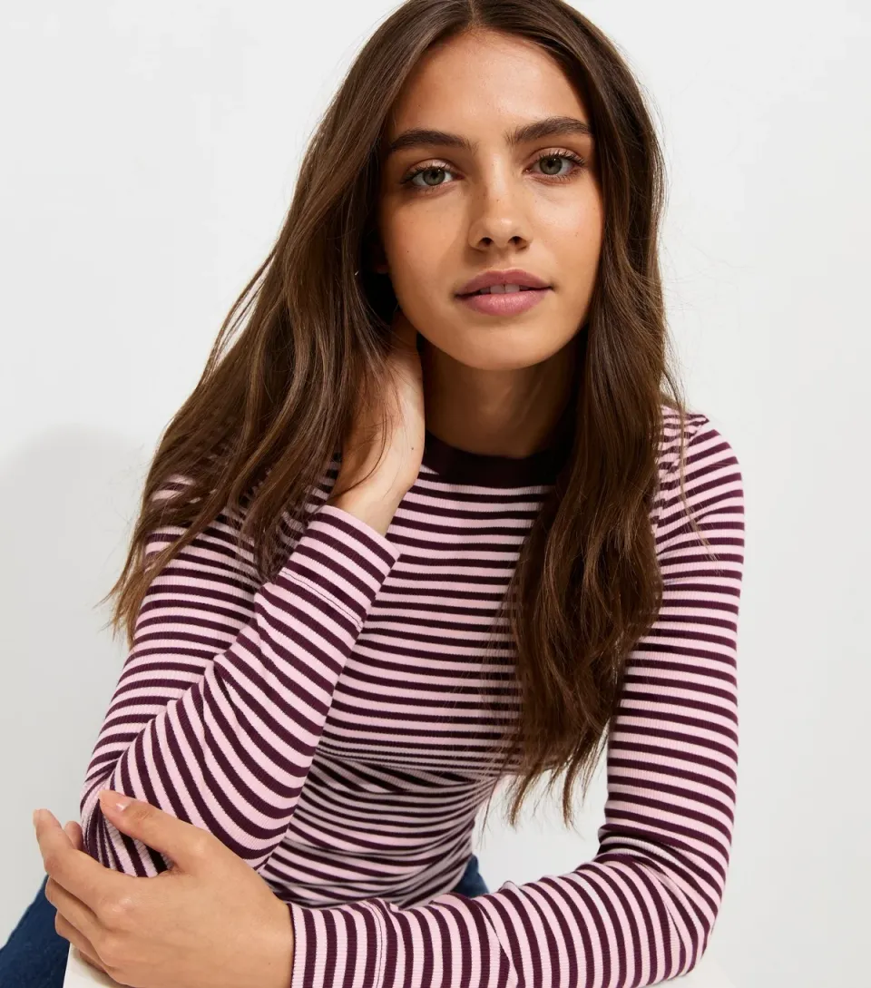 Women's Burgundy Cotton Rich Rib Striped Long Sleeve Top