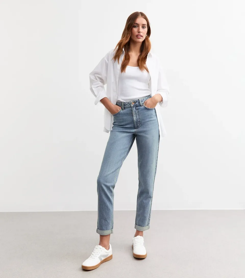 Women's Tall Blue High Waist Cuff Mom Jeans