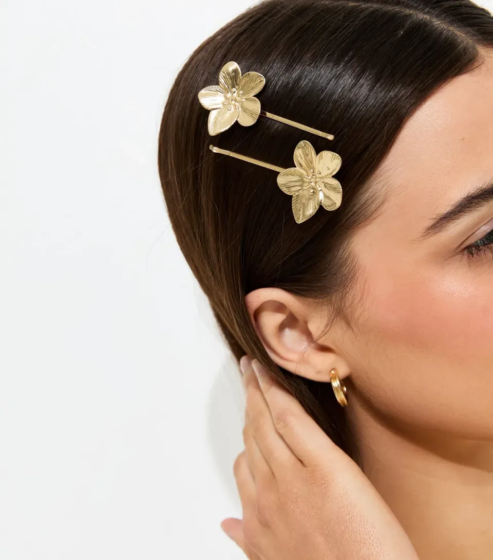 Pack of 2 Gold Tone Flower Slide Hair Clips