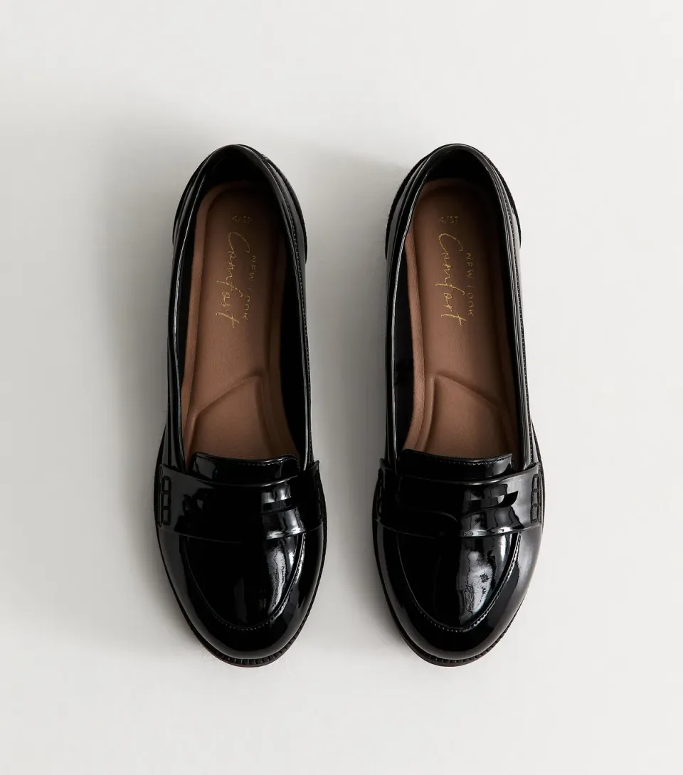 Women's Black Faux Patent Leather Penny Loafers Vegan
