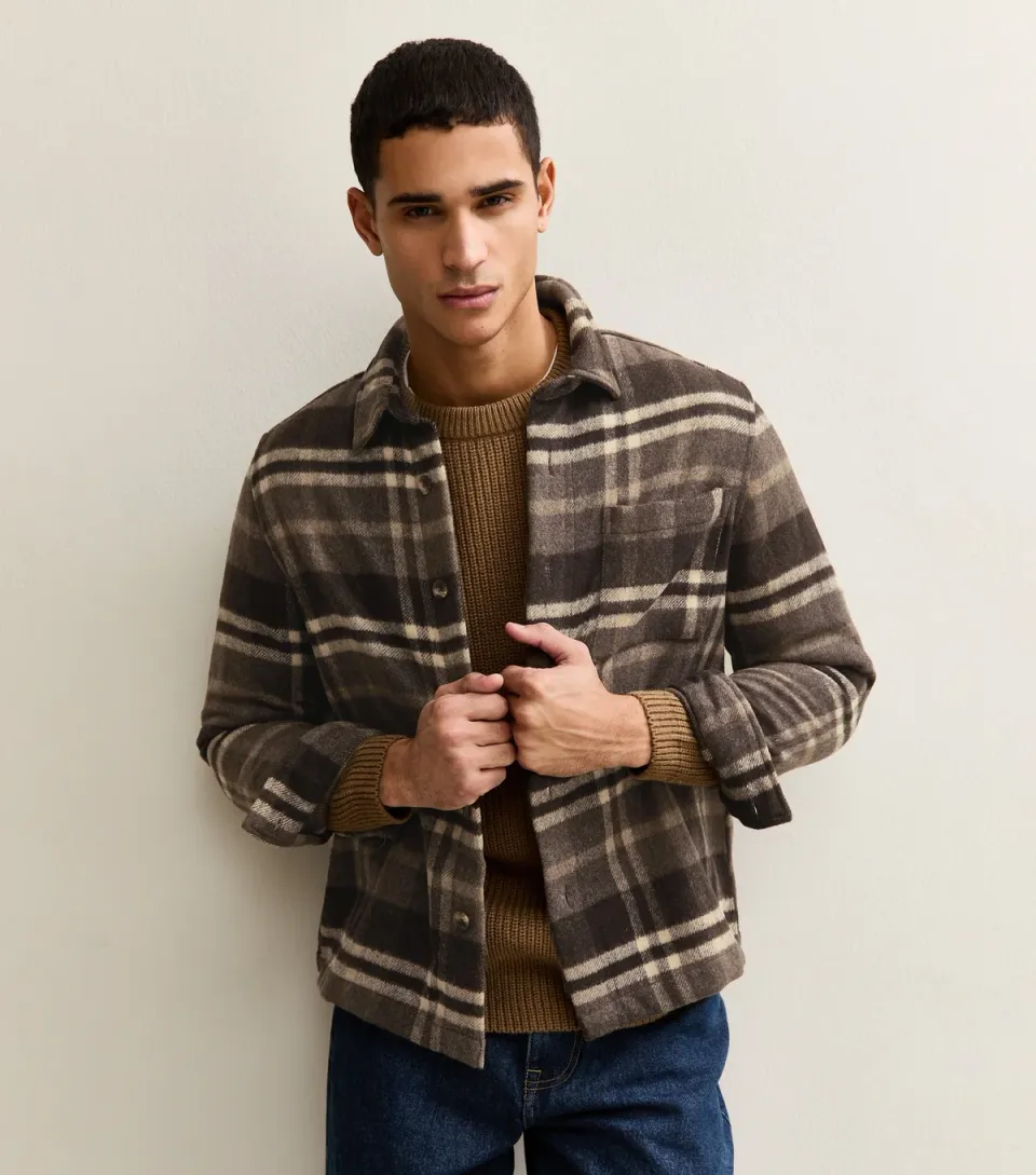Men's Brown Regular Fit Long Sleeve Checked Over Shirt