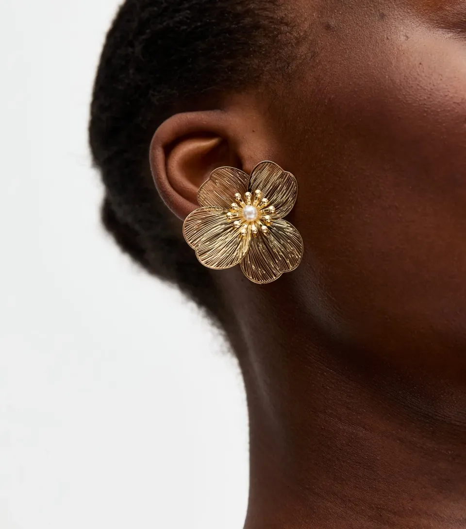 Gold Tone Statement Flower Stud Earrings