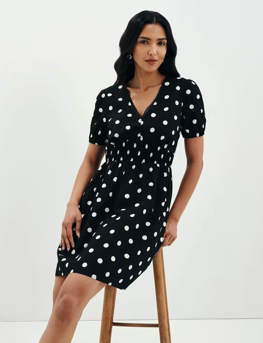 Pure Cotton Polka Dot V-Neck Mini Dress Black Mix