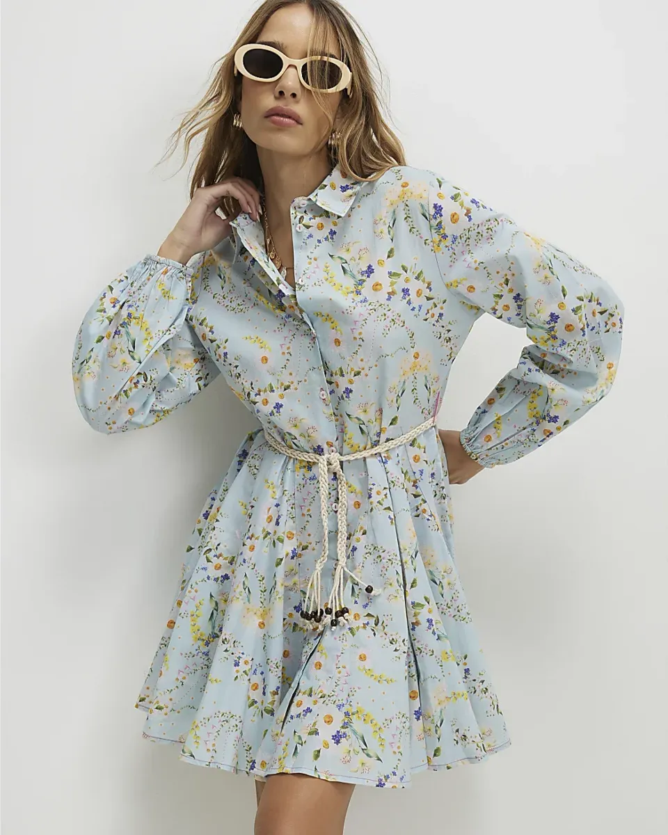 Floral Belted Long Sleeve Shirt Dress