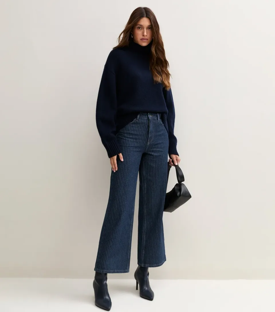 Women's Blue Cotton Pinstripe Denim Adalae Wide Leg Jeans
