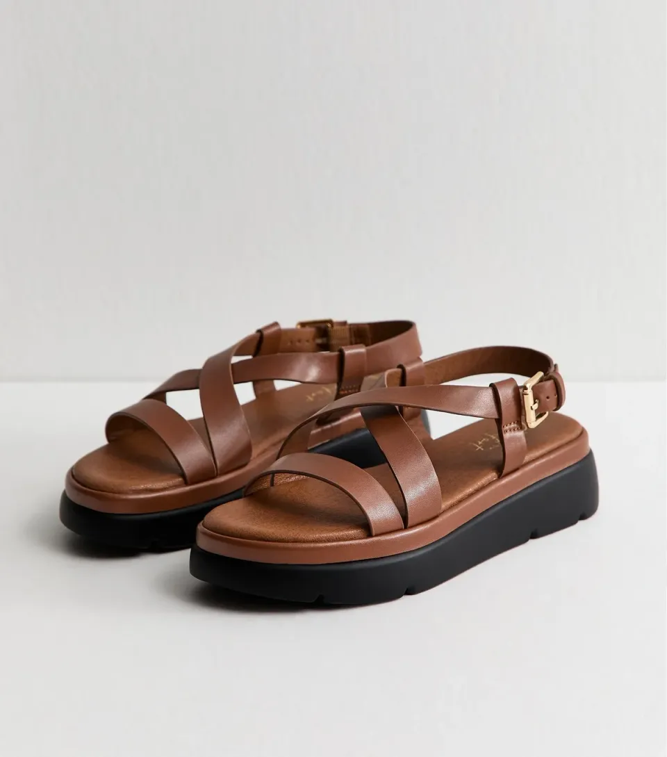 Women's Tan Faux Leather Crossover Strap Flatform Sandals Vegan
