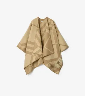 Check Wool Cashmere Cape in Sand beige