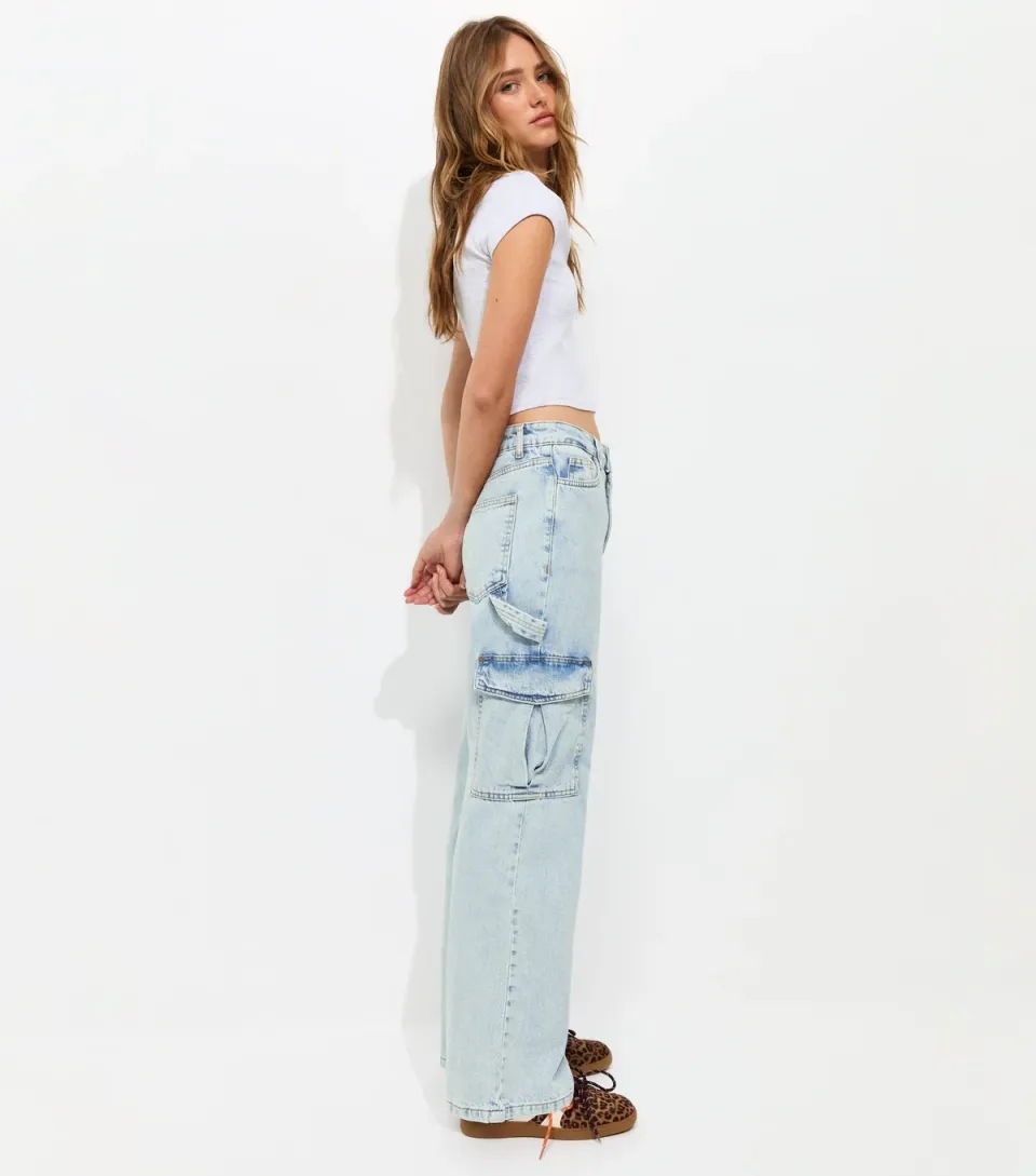 Women's Blue High Waist Cargo Jeans