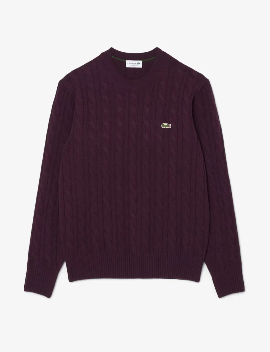 Pure Wool Cable Knit Crew Neck Jumper Dark Red