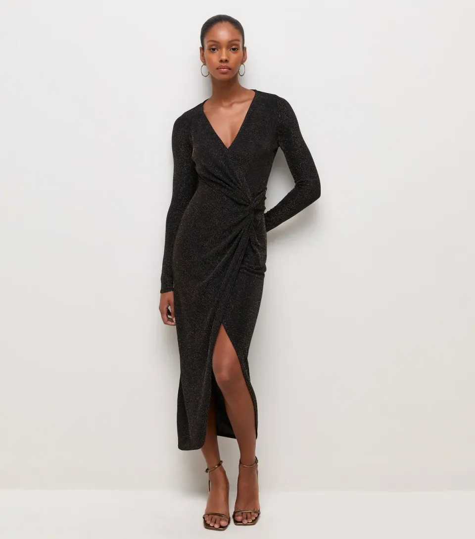 Women's Black Shimmer Wrap Midi Dress