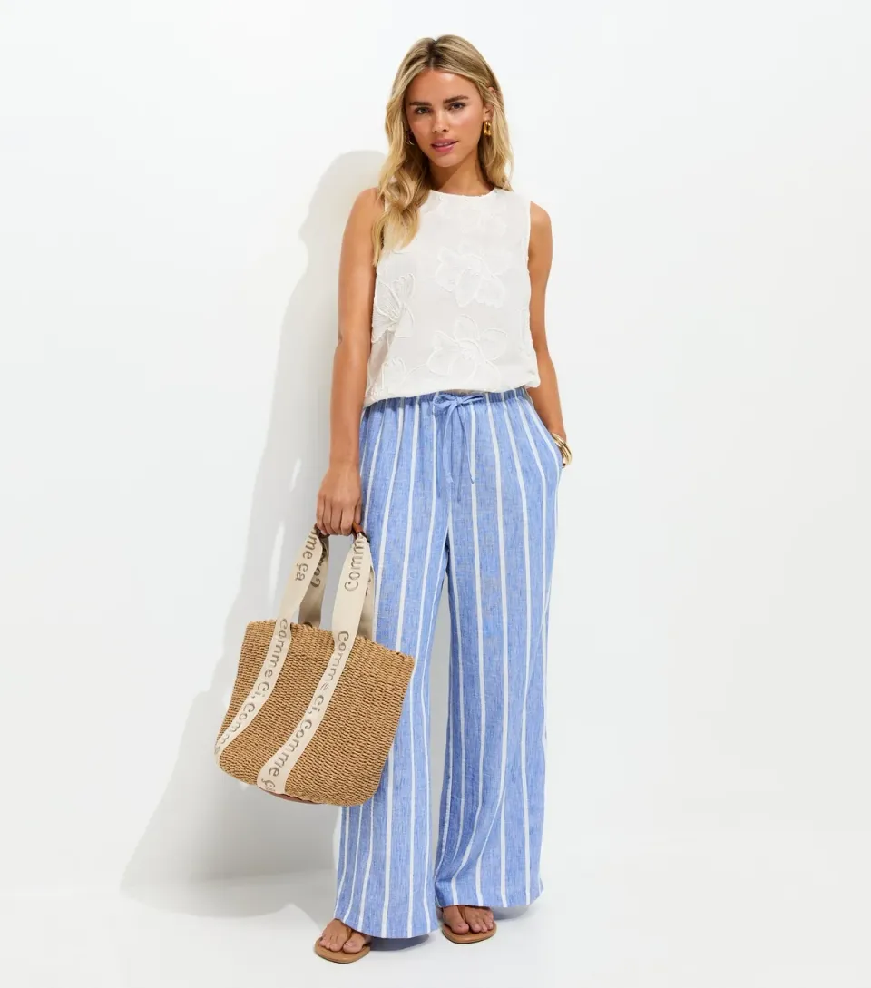 Women's Petite Blue Striped Wide Leg Trousers