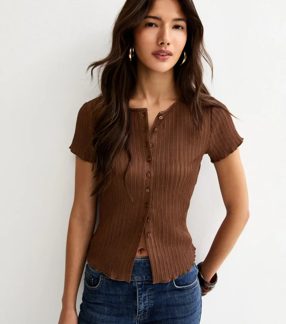 Women's Dark Brown Ribbed Texture Button Front T-Shirt