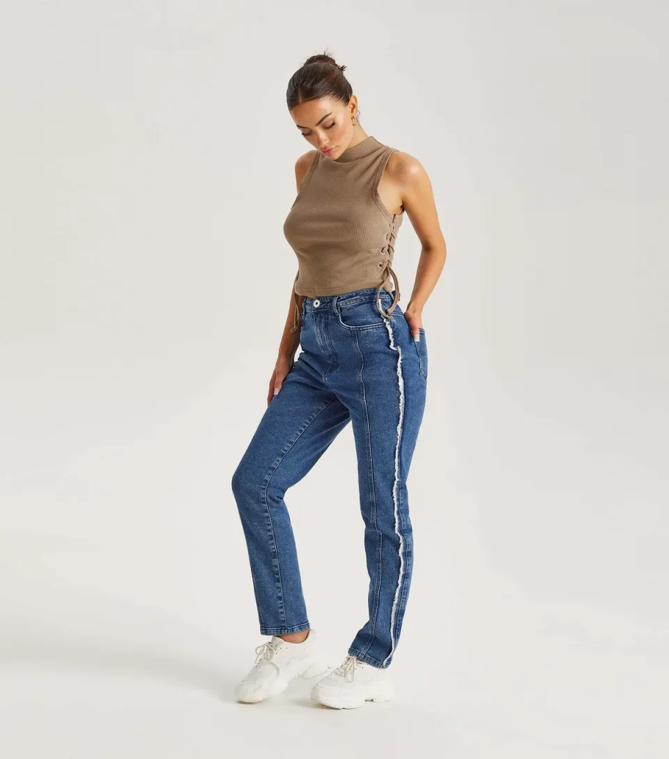 Women's Blue Frayed Seam Detail Jeans