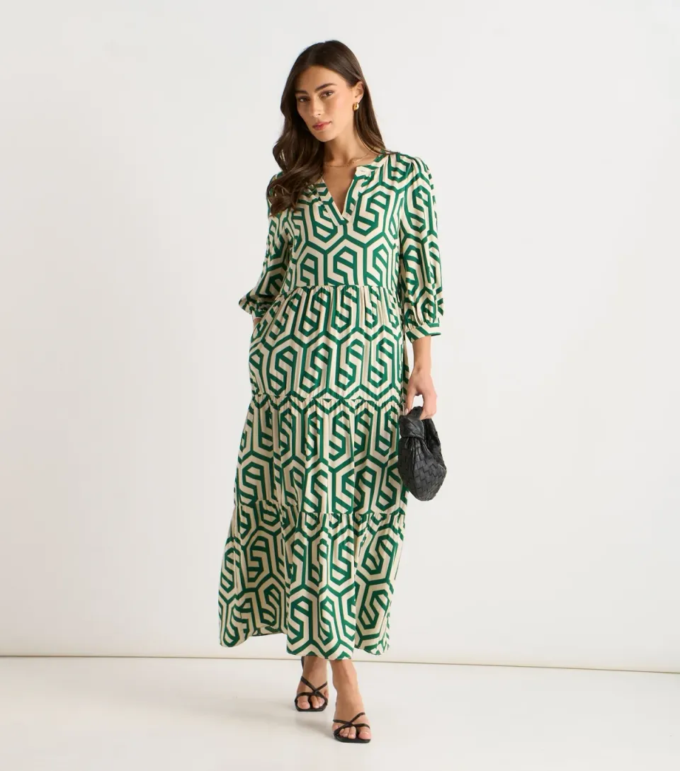 Women's Green Abstract Print Long Sleeve Maxi Dress