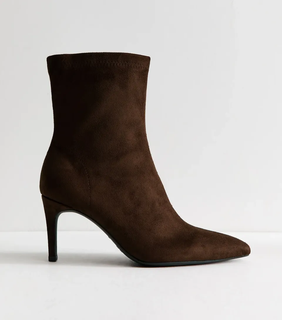 Women's Dark Brown Faux Suede Pointed Sock Stiletto Ankle Boots Vegan