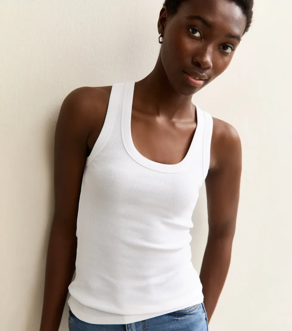 Women's Tall White Ribbed Scoop Neck Vest