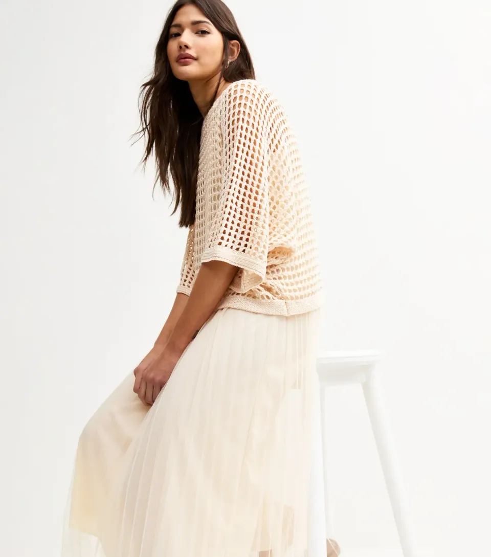 Women's Cream Pleated Midi Dress and Crochet Top Set