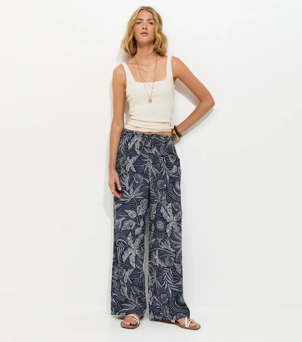 Women's Blue Leaf Print Drawstring Wide Leg Trousers