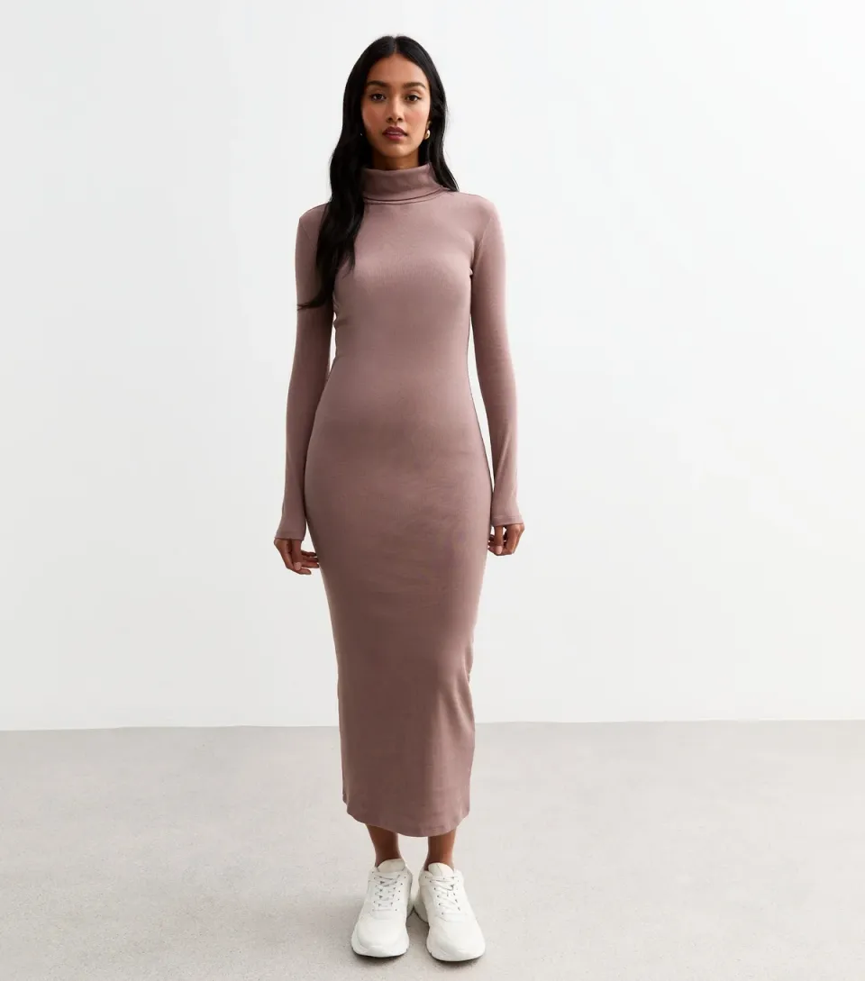 Women's Mink Ribbed Roll Neck Midi Dress