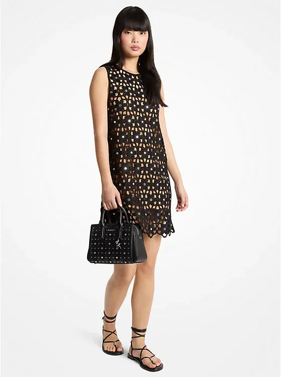 Mirror Embellished Floral Crochet Dress
