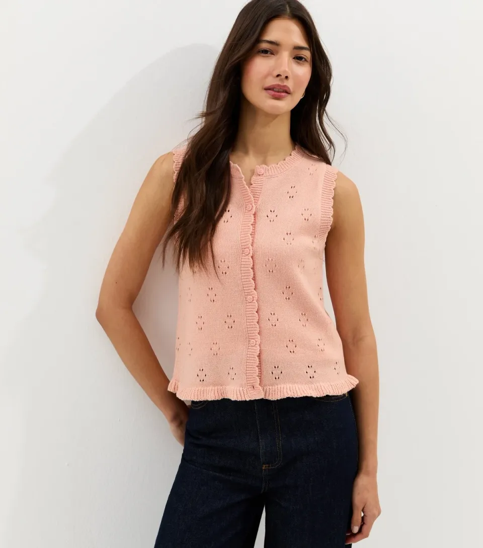 Women's Pink Cotton Rich Stitch Detail Scallop Trim Waistcoat