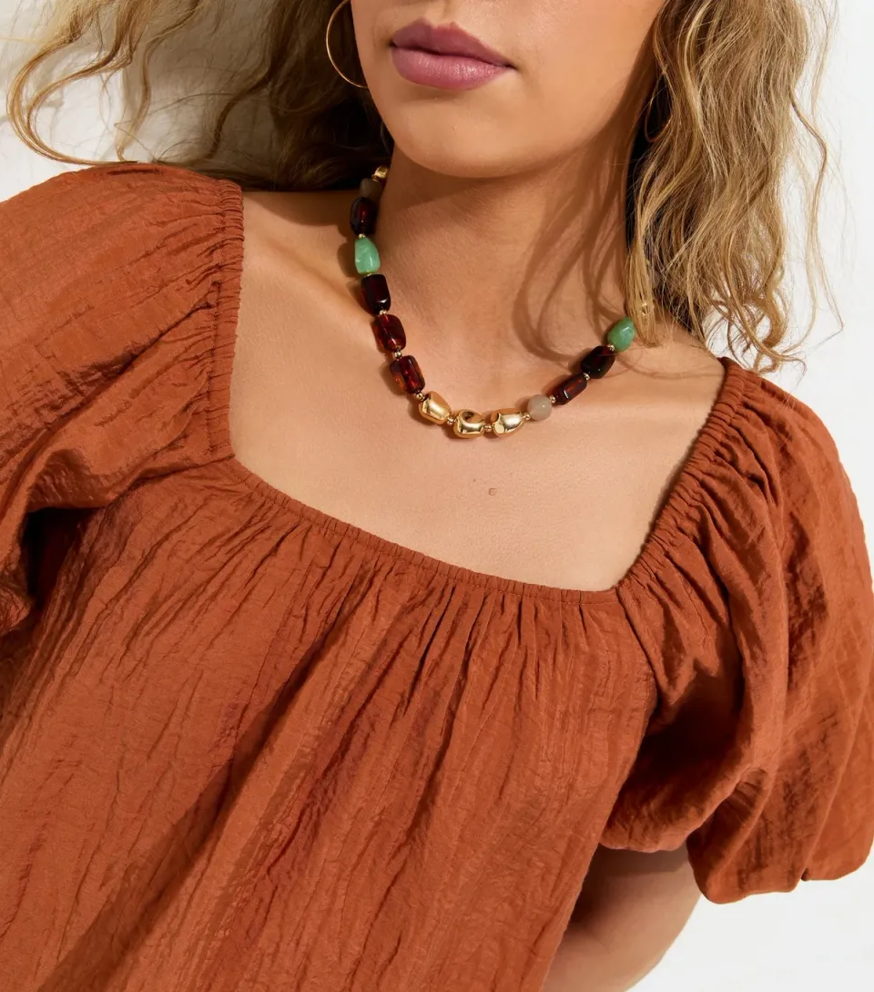 Brown Gold Tone Pebble Bead Necklace