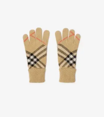 Check Cashmere Blend Gloves in Sand beige