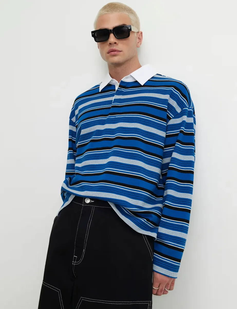 Oversized Pure Cotton Striped Long Sleeve Polo Shirt Blue Mix