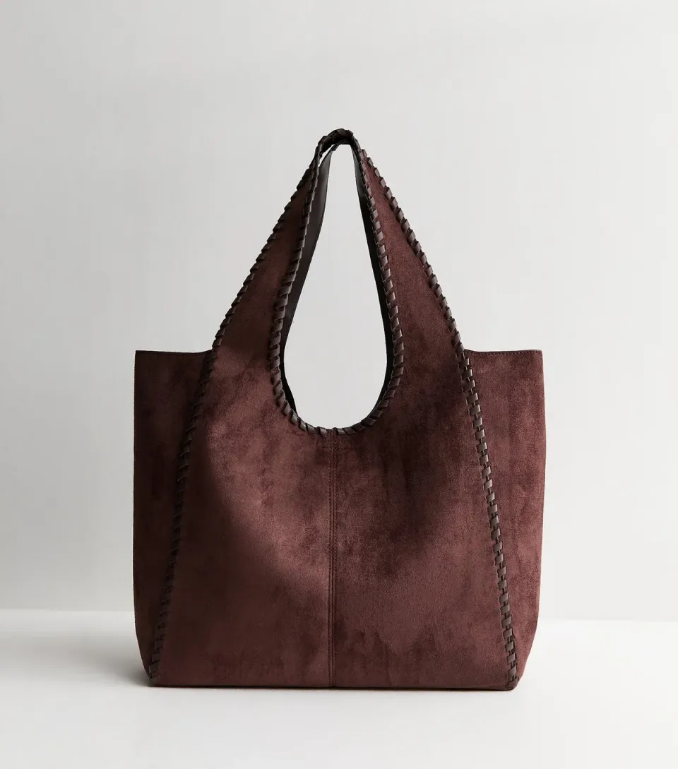 Dark Brown Faux Suede Braided Trim Tote Bag
