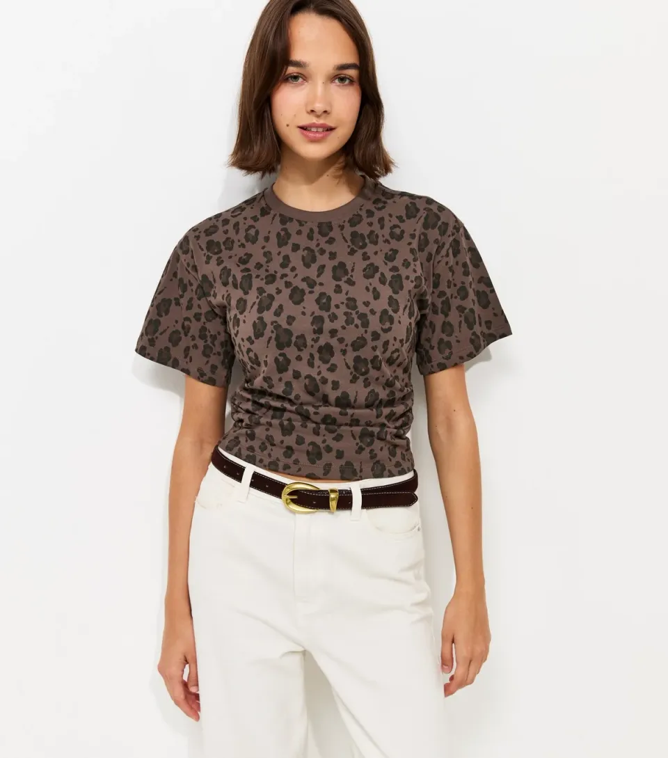 Women's Brown Cotton Leopard Print Corset Waist T-Shirt