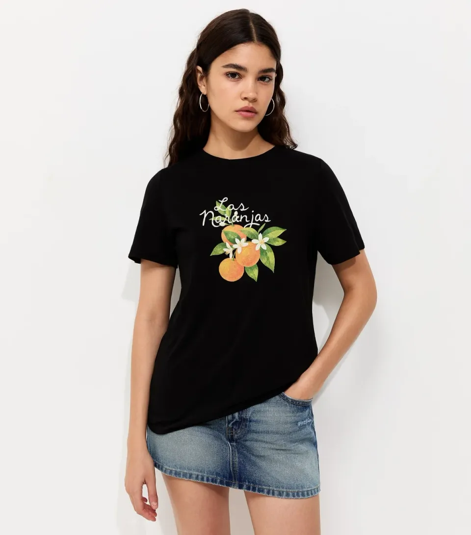Women's Black Cotton Orange Print Relaxed Fit T-Shirt