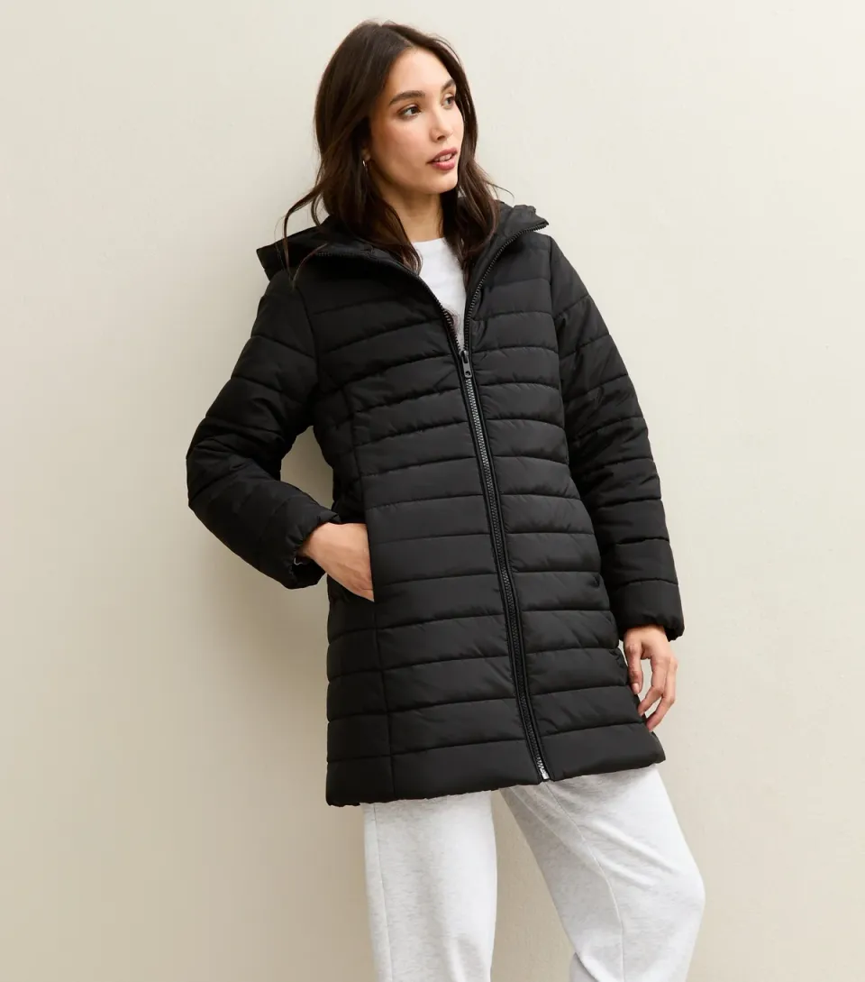 Women's Black Longline Hooded Puffer Jacket