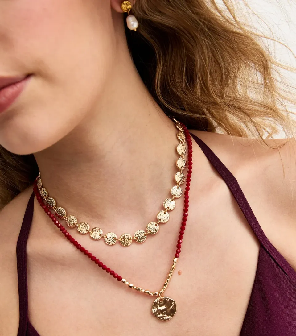 Gold Tone Layered Beaded Coin Pendant Necklace