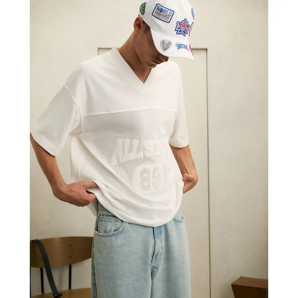 Cotton Mesh Block V Neck Top